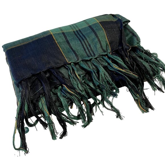 Mens Green Plaid Neck Scarf 34 x 36 Fringe u - Picture 1 of 4